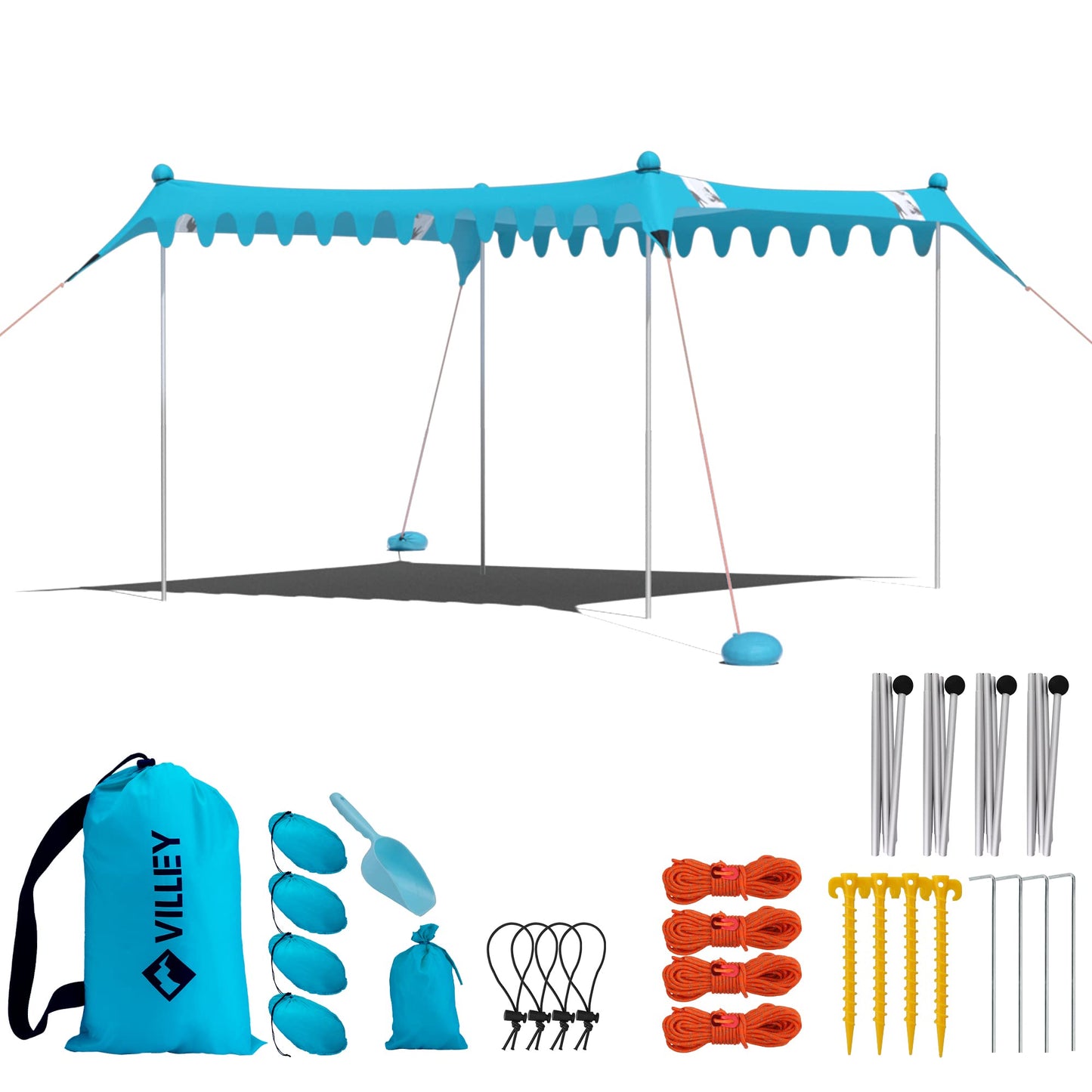 VILLEY Beach Tent Sun Shelter with UPF50+ Protection, 11×10FT Portable Sun Shade with 4 Stability Poles, 8 Ground Pegs, 4 Sandbags and Sand Shovel, Outdoor Beach Canopy for Camping Trips, Picnics