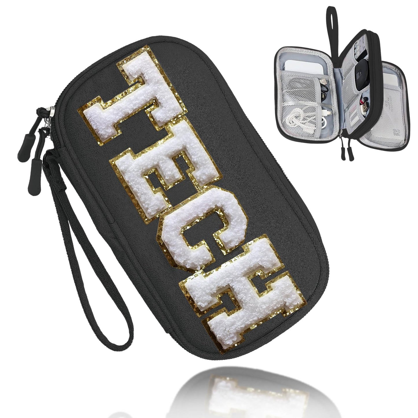 COSHAYSOO Small TECH Pouch Electronics Organizer Travel Bag Personalized Valentines Traveling Gifts for Women, Charging Cords Phone Charger USB Cable Management Airplane Cruise Essentials Black