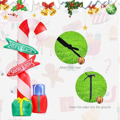 MUMTOP 9 Ft Tall Christmas Inflatables Outdoor Decorations, Inflatables Candy Cane with Road Sign Blow up Merry Christmas Bag Yard Decoration Built-in LED Lights for Outdoor Party Holiday Decor