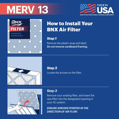 BNX TruFilter 20x25x1 MERV 13 (12-Pack) AC Furnace Air Filter - MADE IN USA - Electrostatic Pleated Air Conditioner HVAC AC Furnace Filters - Removes Pollen, Mold, Bacteria, Smoke
