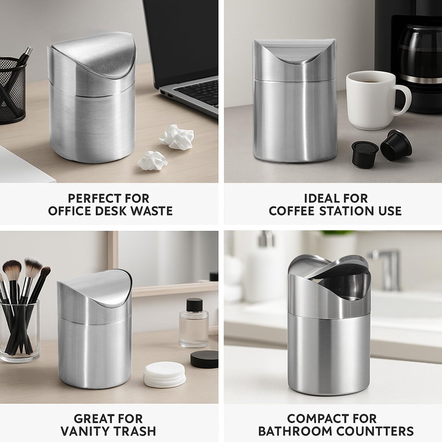 JILLICK Small Mini Trash Can with Lid, Brushed Stainless Steel Small Tiny Mini Trash Bin Can, Mini Countertop Trash Cans for Desk Office, Swing Top Trash Bin 1.5 L/0.40 Gal (Sliver)