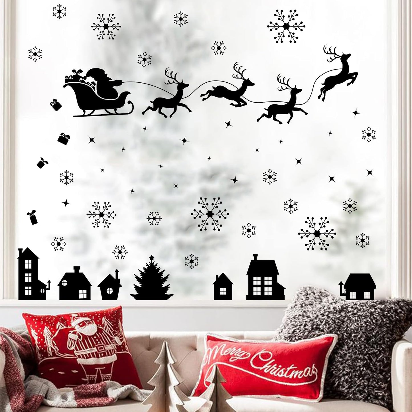 Merry Christmas Wall Decal Black Santa Reindeer Snowflake Window Clings Wall Stickers Removable Xmas Vinyl Wall Decor for Holiday Party Bedroom Office Living Room Home Decoration