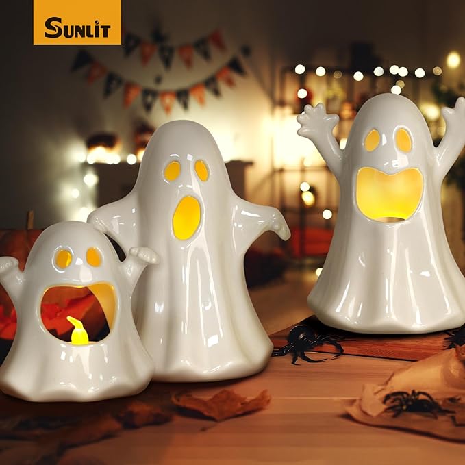 Sunlit Ceramic Ghost with 3 Tea Lights, Spooky Candle Holder Set of 3, Tabletop Indoor Halloween Decorations for Holiday Party Home, Spooky Sculptures Ghost Figurines, White