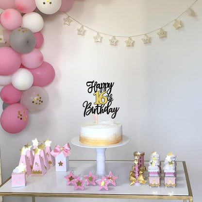 1 PCS Happy 16th Birthday Cake Topper Black Gold Glitter Cheers to 16 Years Birthday Cake Pick 16 Fabulous Cake Decoration for Happy 16th Birthday Anniversary Party Cake Decorations Supplies