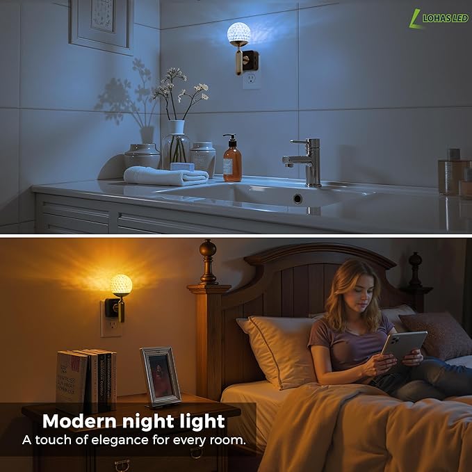 L LOHAS LED Night Lights Plug into Wall,Color Changing Night Light with Rotatable Plug,Crystal Ball Metal Rod,Dusk to Dawn Sensor Nightlight for Bathroom Kids Adults