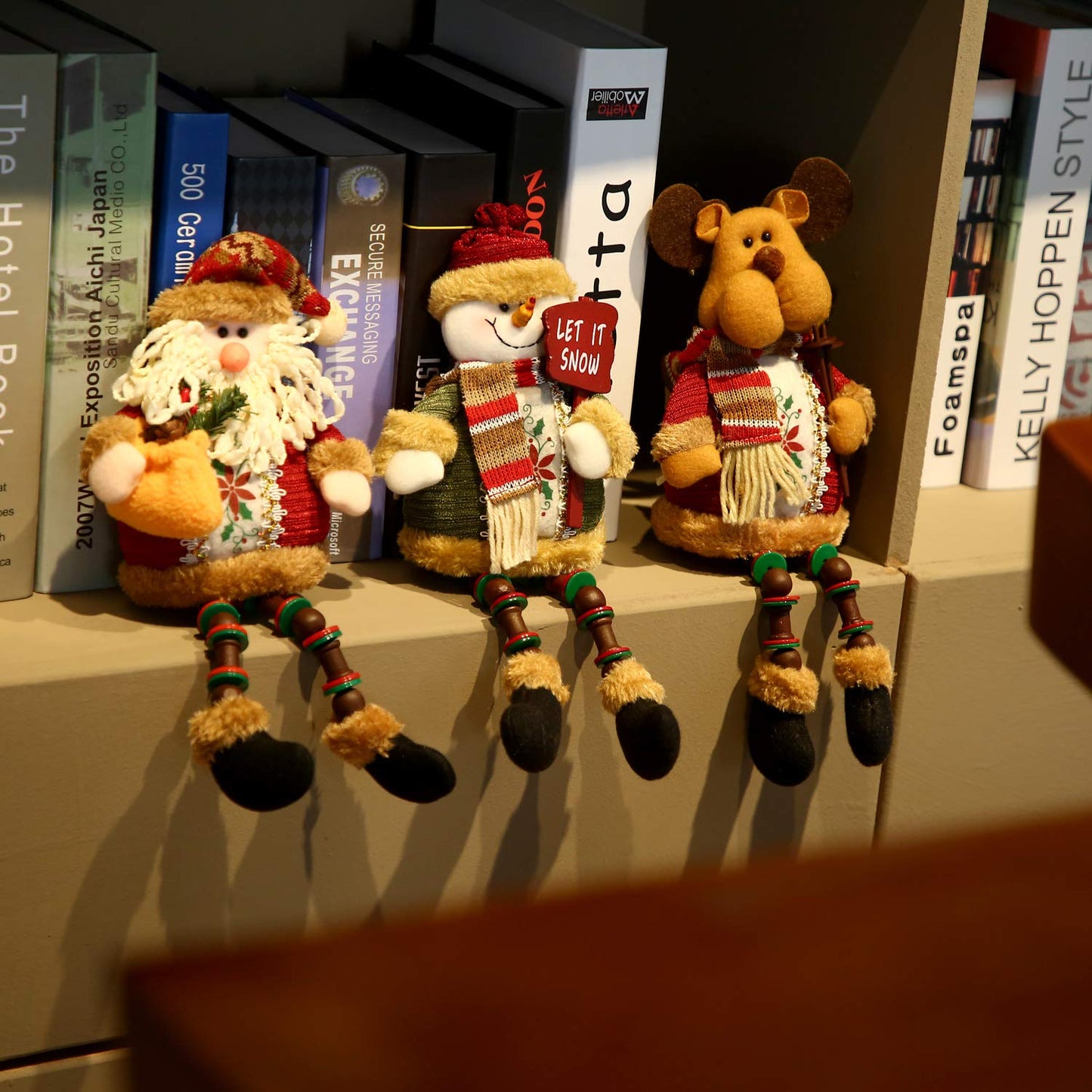 Sumind 3 Pcs Christmas Sitting Doll Santa Claus Snowman Reindeer Sitter Christmas Ornament with Long Legs Xmas Figurines Plush for Table Fireplace Home Decoration