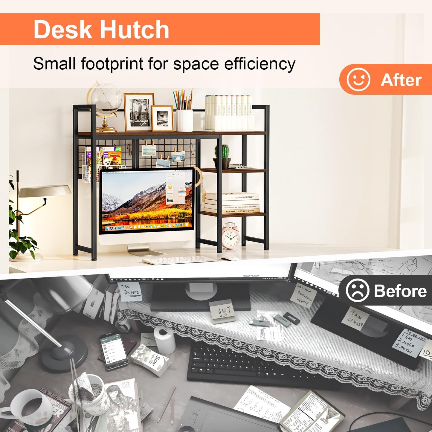 Snughome Desk Shelf, 38.6" Desktop Organizer Shelf, Desk Hutch for Computer Monitor, 4 Tier Desk Display Rack with Pegboard Hooks Set, Wood Desktop Bookshelf for Home Office Dorm