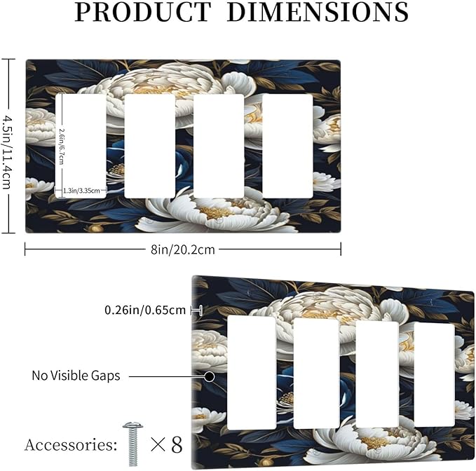 White Gold Blue Flower Light Switch Cover 4 Gang Rocker Decora Outlet Covers Wall Plate Decorative Switchplate Electrical Faceplate GFCI for Farmhouse Living Bedroom Decor