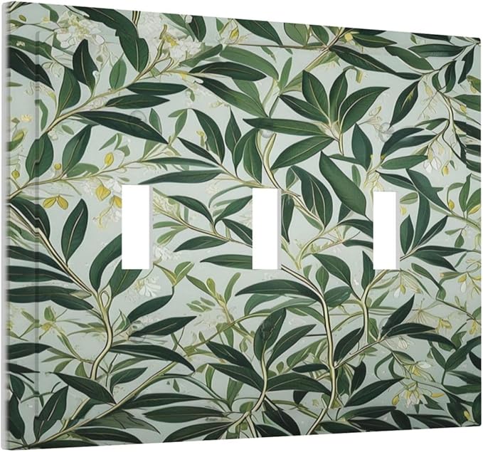 Sage Eucalyptus Leaves Foliage Light Switch Covers 3 Gang Triple Toggle Wall Plate Decorative Switchplate Electrical Faceplate for Farmhouse Living Decor