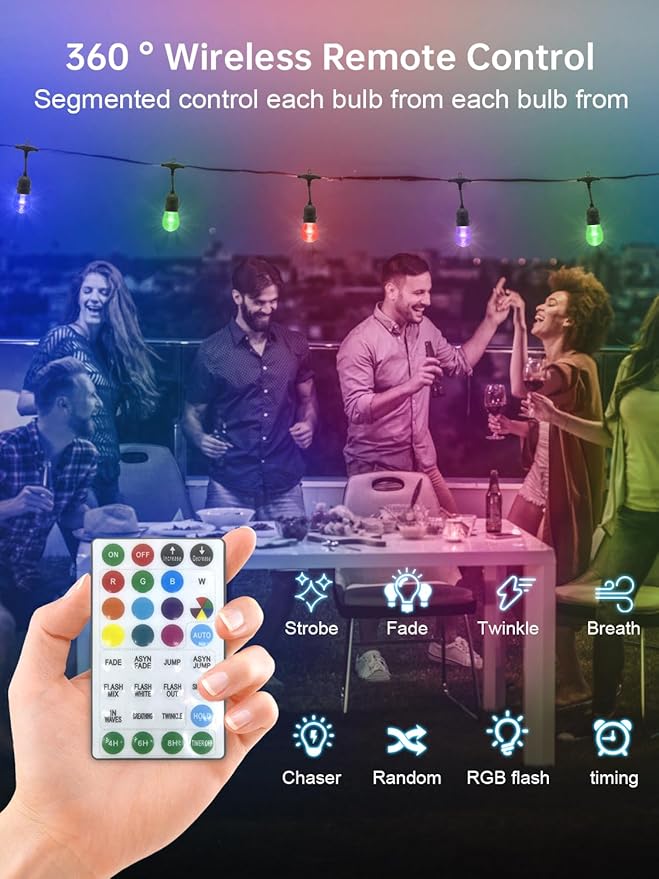 Commercial Grade 48FT LED Outdoor String Lights with Remote Control - Shatterproof Waterproof Color Changing Christmas Lights, Dimmable for Patio, Garden, Wedding Decor