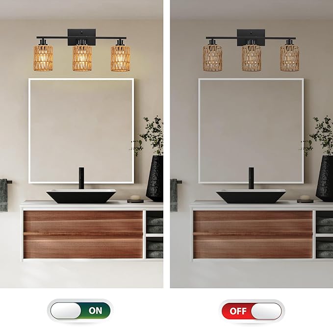 MELUCEE 3 Light Bathroom Vanity Light Rattan Wall Sconce 24 Inches Farmhouse Bathroom Light Fixtures with Rattan Lamp Shade, Black Finish, Suitable for Kitchen Hallway Living Room