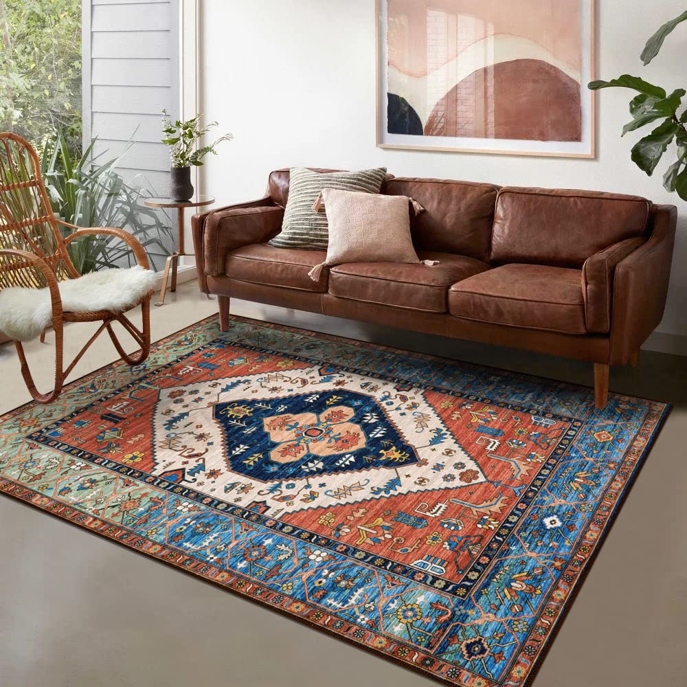 Lahome Boho Machine Washable Rugs - 5x7 Area Rugs for Living Room Non-Slip Oriental Throw Bedroom Rug Ultra-Thin Large Office Dining Room Rug Accent Floor Carpet for Kitchen Laundry Room Adelyn