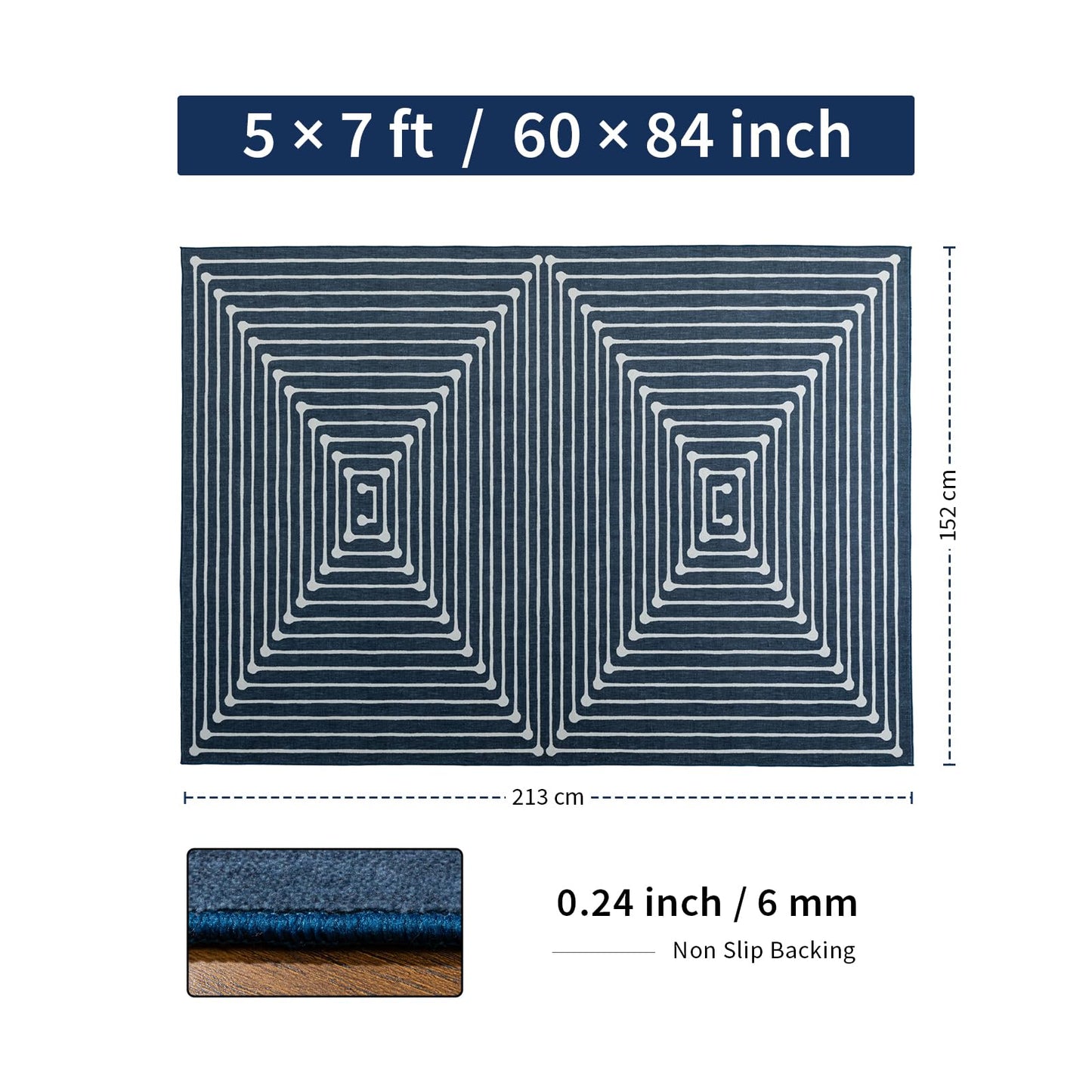 YIHOUSE Washable 5x7 Area Rugs for Living Room, Navy Blue Striped Rug for Bedroom Playroom Non Slip Low Pile, Soft Modern Geometric Carpet for Entryway Home Office Decor