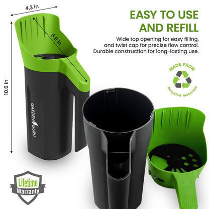 Garden Guru Handheld Seed Spreader Shaker – Multi Use Grass Seed, Fertilizer, Salt, Ice & Snow Melt Spreader – Adjustable Twist Cap w Multiple Size Openings – Lightweight 1L Capacity Hand Seeder