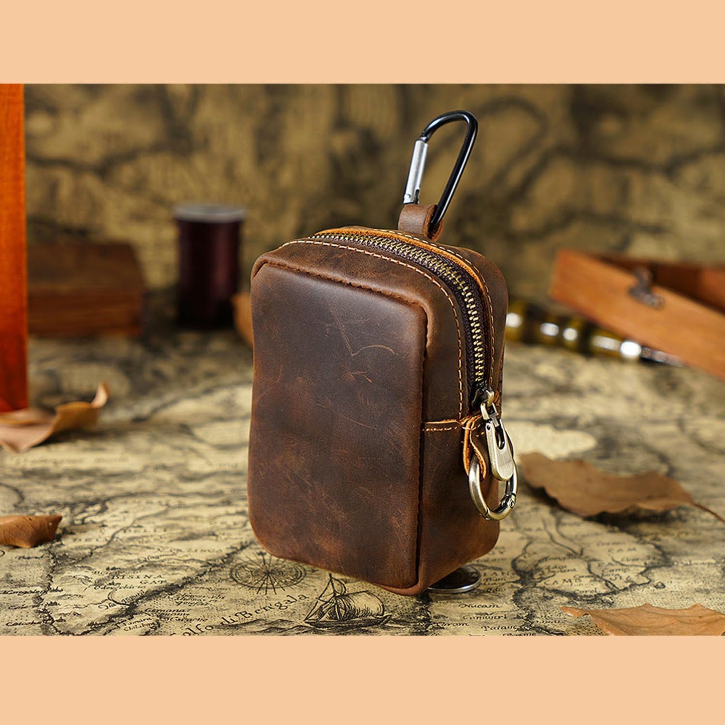 RRBMMH Crazy Horse Leather Coin Purse Retro Zipper Wallet Genuine Leather Coin Pouch for Men Small Leather Change Purse with Key Ring for Travel
