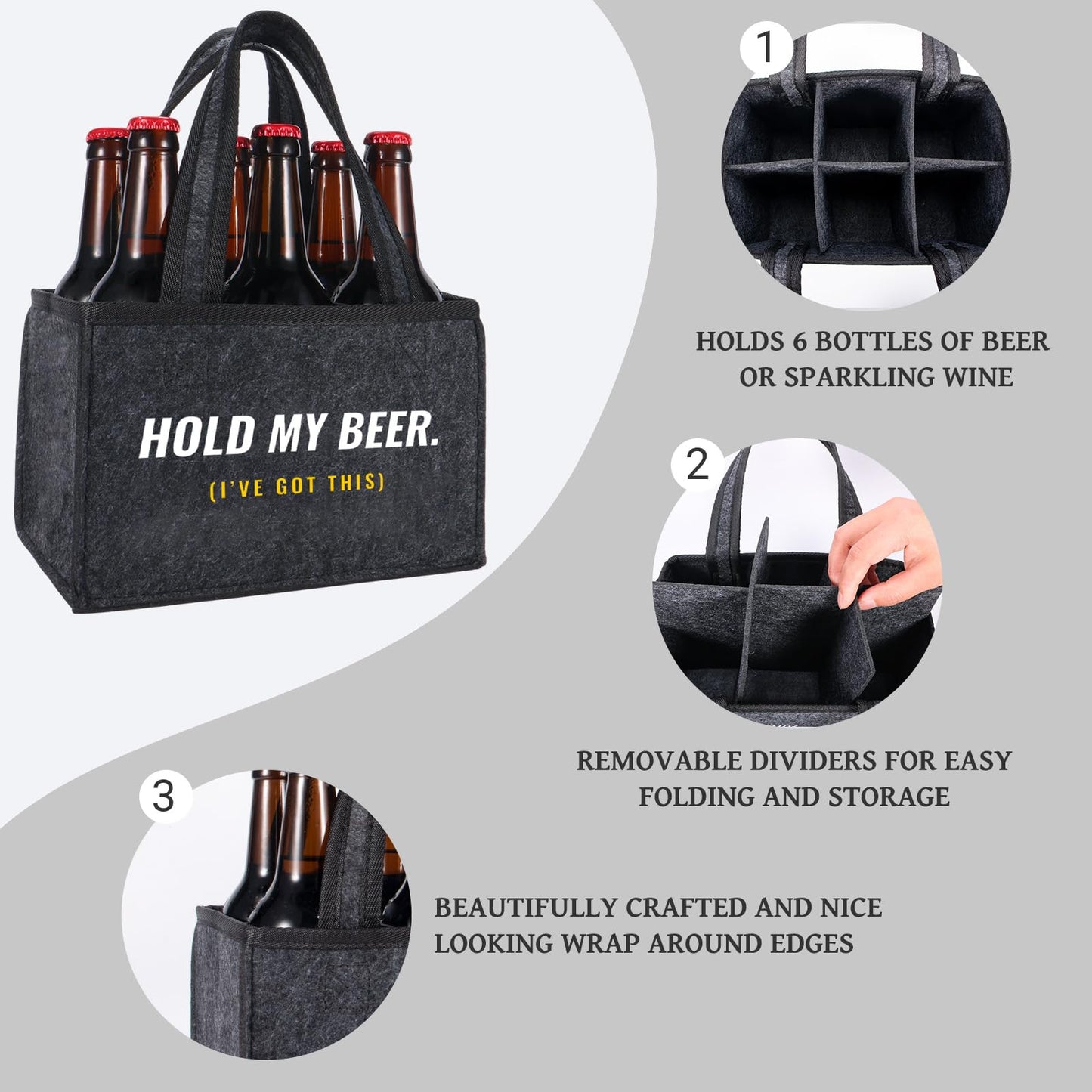 Funny Beer Drink Carrier Bag for Men, Birthday Gift for Beer Lovers, Unique Gifts for Him, Party, BBQ, Camping, and Tailgating, 6-Bottle Felt Beer Tote