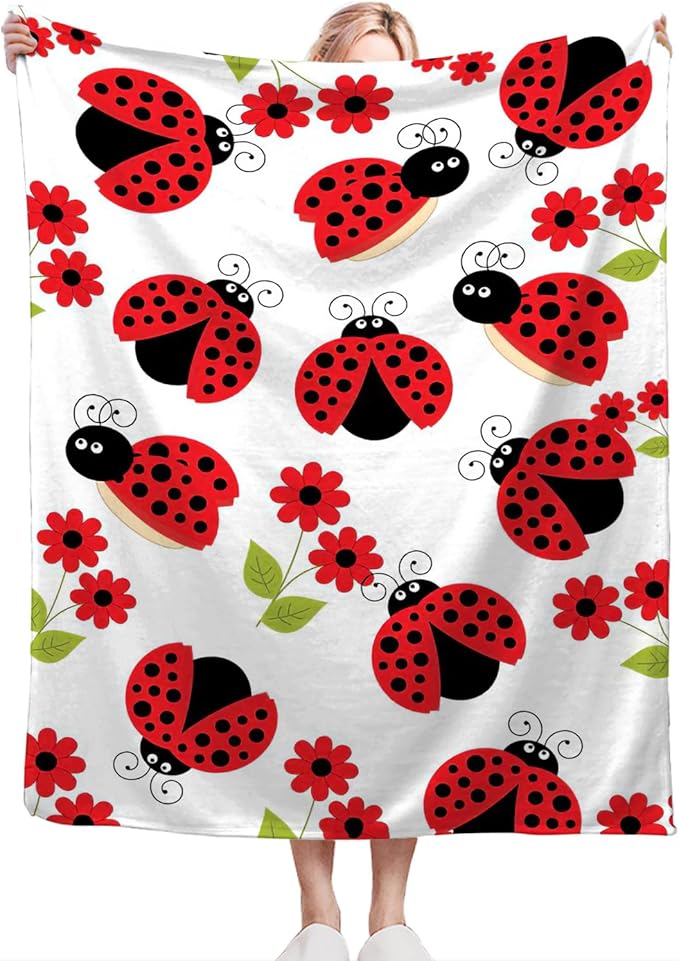 Ladybug Blanket, Lady Bug Cartoon Throw Blankets, Flower Green Leaves Fuzzy Plush Blanket Ultra Soft for Animal Lover Gift Kids Teens Women Men Girls Boys Stuff Decor for Bedding Sofas Couchh 80"X60"