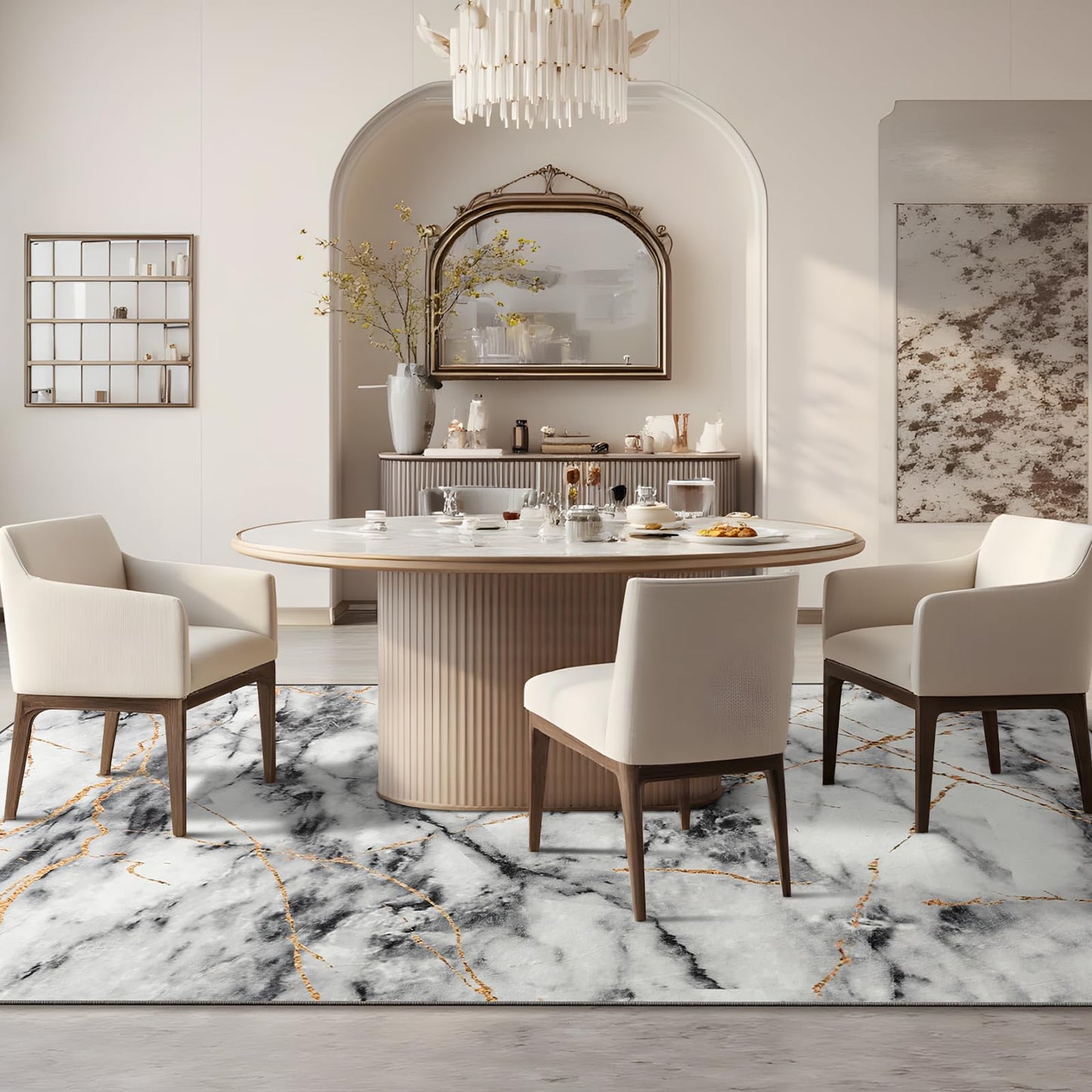 CRYPTOLITE Area Rugs 9x12 Rug for Living Room Abstract Washable Rug with Non-Slip Backing Low Pile Area Rugs for Bedroom, Dining Room, Gold&Grey