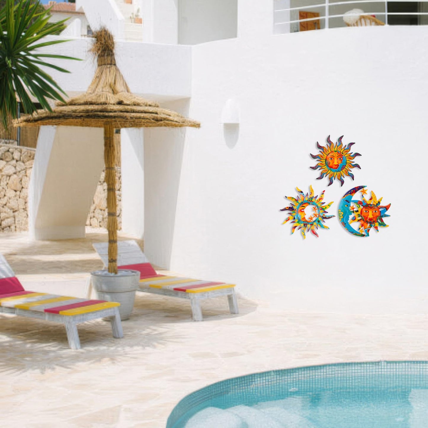 dreamskip 3 Pack Sun and Moon Wall Decor, Hanging Sun Moon & Stars Metal Wall Art, Sun Face Outdoor Wall Decor for Garden Fence Patio Yard Living Room Bedroom Decorations