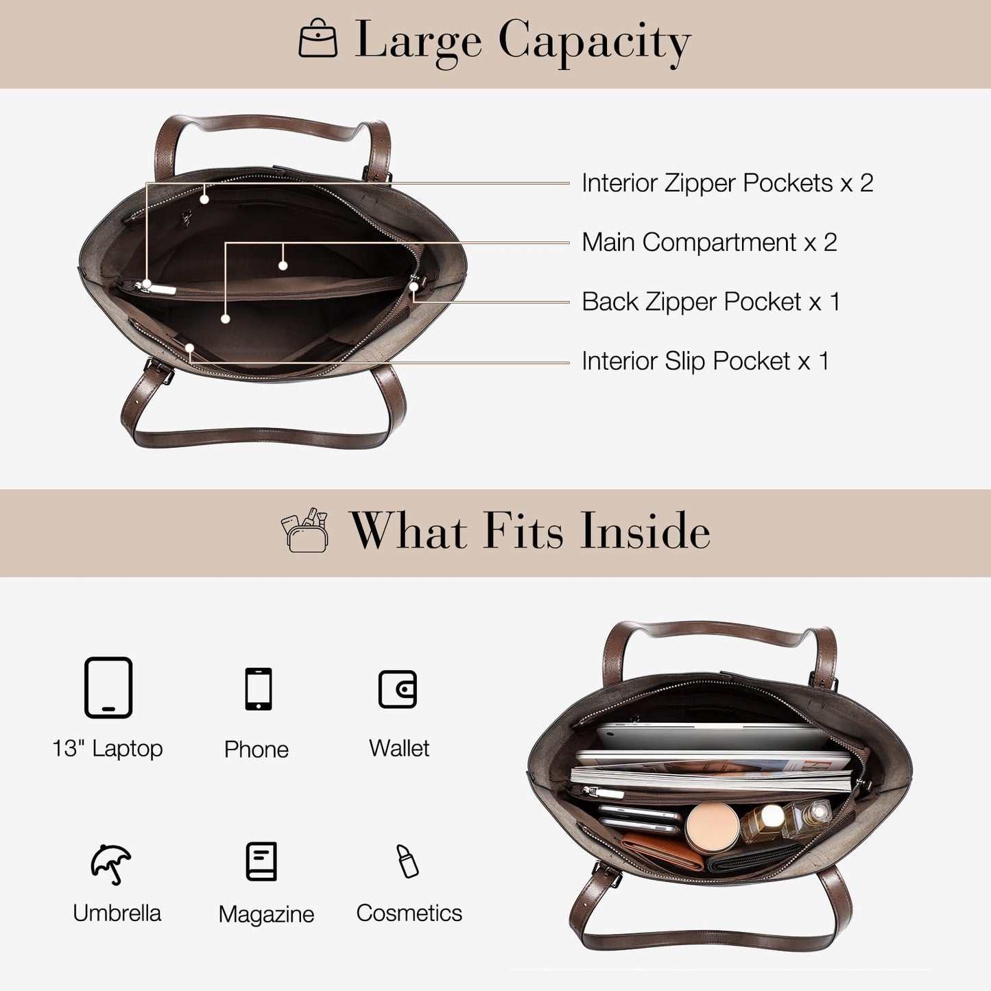 UEIRY Genuine Leather Tote Bag for Women, Large Women's Leather Shoulder Bags, Designer Womens Totes Purse with Top Handles