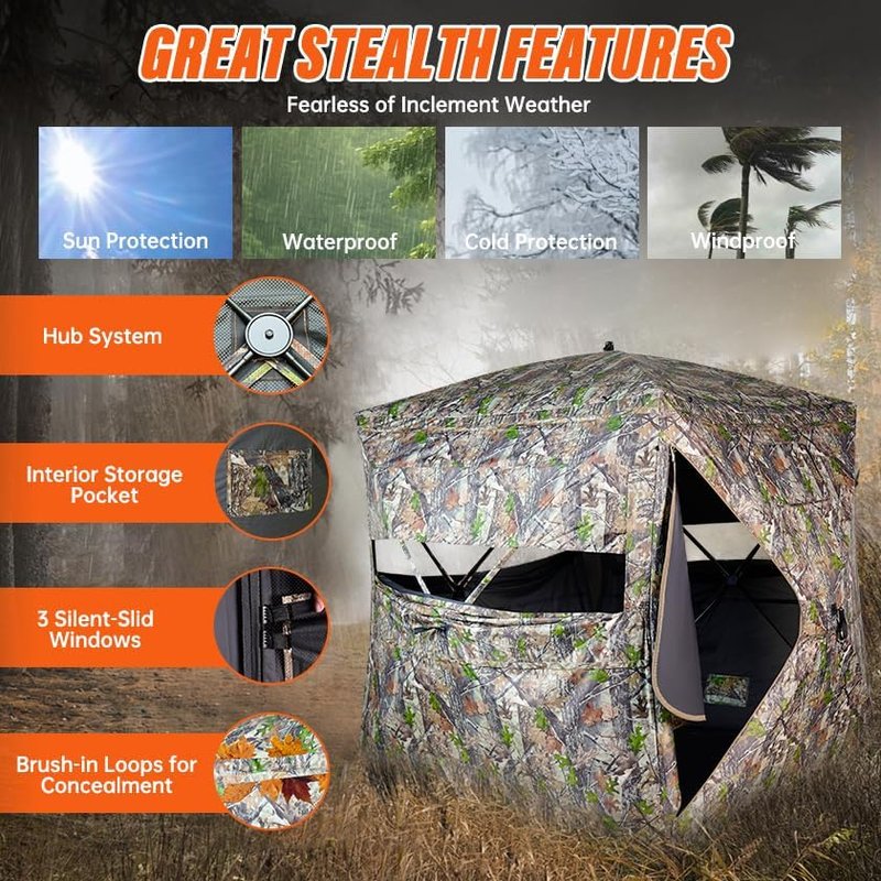 Hunting Blind - 270° See-Through Ground Blind for 2-3 People | Portable Camouflage Tent with Full Open Door