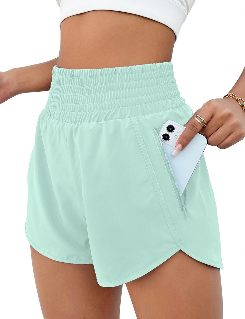 BMJL Women's Athletic Shorts High Waisted Running Short Pocket 2.5" Sporty Shorts Gym Elastic Workout Shorts(L,Light Green)