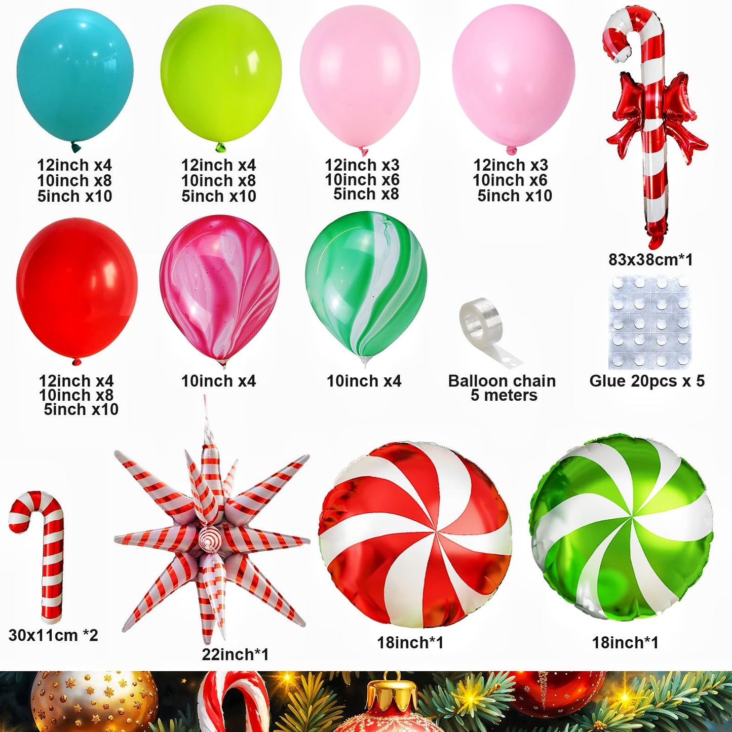 Christmas Balloon Garland Arch Kit, 121Pcs Pastel Green Pink Teal Blue Red Sand Tie Dye Balloons with Large Cane Candy Windmill Star Foil Balloon for Xmas Merry Christmas Party New Year Decorations