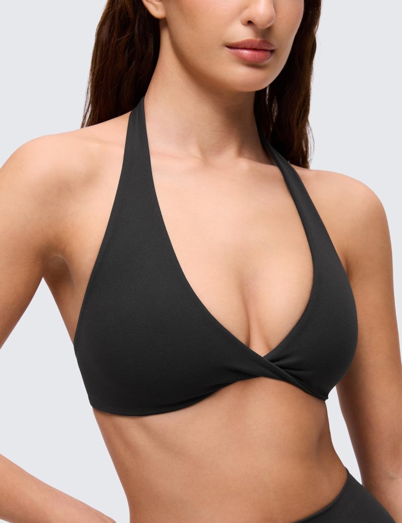 CRZ YOGA Butterluxe Double Lined Twist Halter Sports Bras for Women - Deep V Neck Crop Top Casual Open Back Non Padded Black Medium