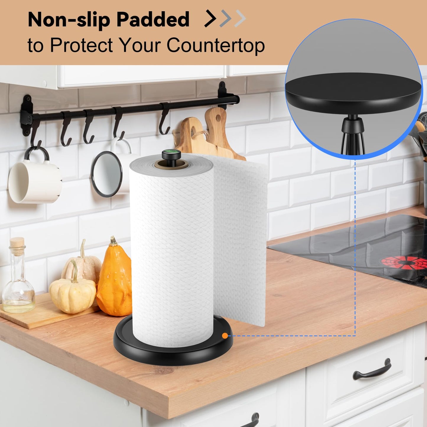 Countertop Paper Towel Holder - One-Handed Tear with Ratchet Mechanism, Weighted Base Degradable Plastic Paper Towel Stand, Black Farmhouse Kitchen Bathroom Decor Accessories