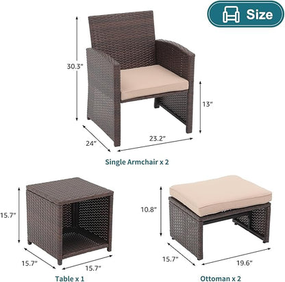 OC Orange-Casual 5 Pcs Patio Conversation Set Balcony Furniture Set with Cushions, Brown Wicker Chair with Ottoman, Storage Table for Backyard, Garden, Porch, Beige