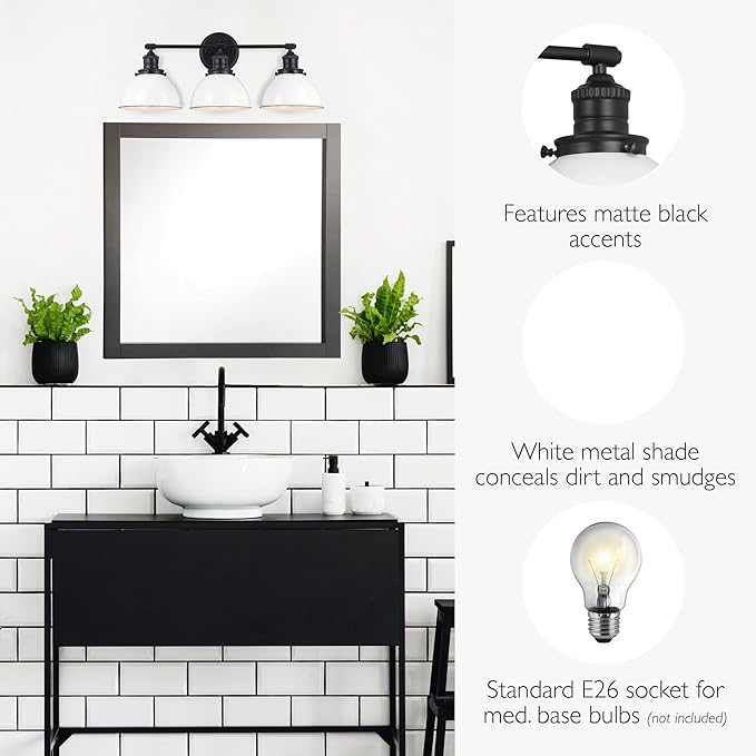 Design House Savannah Rustic Farmhouse 3-Light Bathroom Vanity Light, Dimmable, Matte Black, White Metal Shade, 26 in x 9 in x 10.88 in, 588301