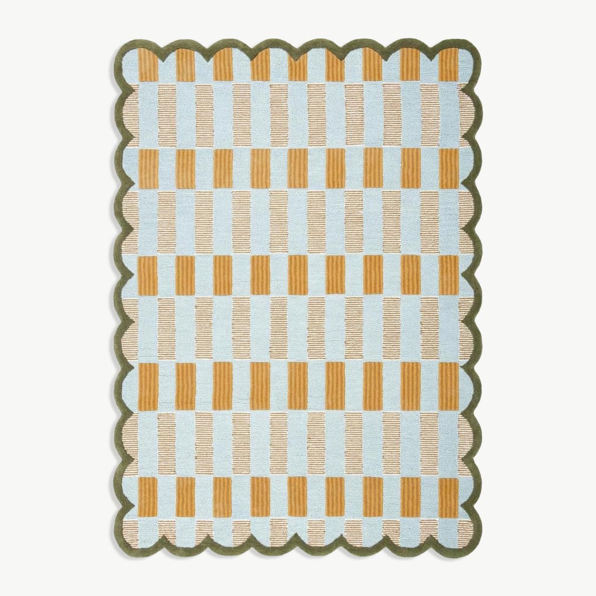 RUGWYN Hand-Tufted Scalloped Wool Area Rug, Modern Plaid Checkered Pattern, Soft & Durable Cozy Accent Rug for Living Room, Bedroom & Nursery, Handmade Decorative Carpet (Light Blue, 4' x 6')