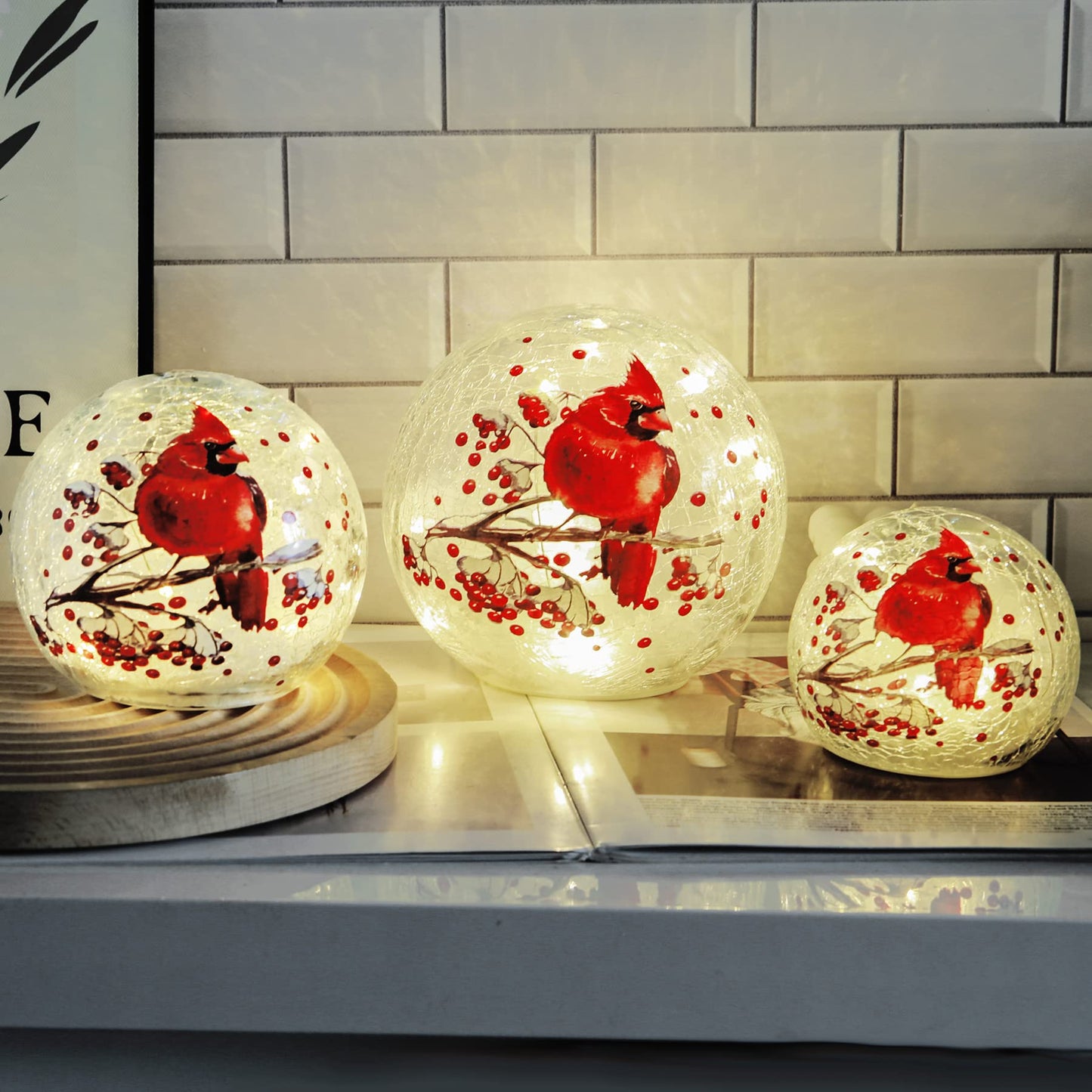 Crackle Glass Ball Cardinal Light Up Red Bird Stained Glass Christmas Decor Accent Globe Night Light, Mother's Day Gifts, Led Sphere Desk Table Lamp