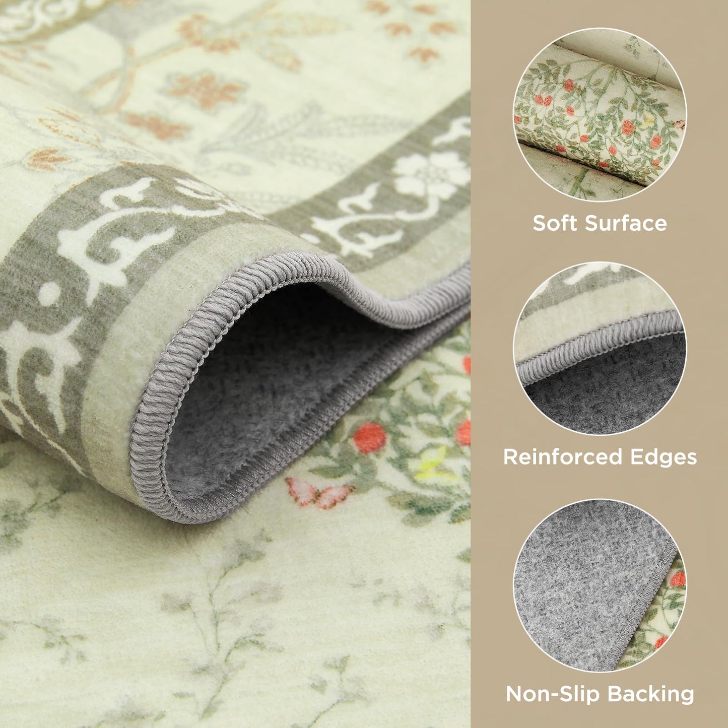 Joydeco Boho Floral Large Rugs for Living Room Nursery, Washable Beige Kids Bedroom Rug 8x10 Under Bed, Botanical Non Slip Throw Carpet for Playroom Kids Dining Room Dorm Classroom, Beige