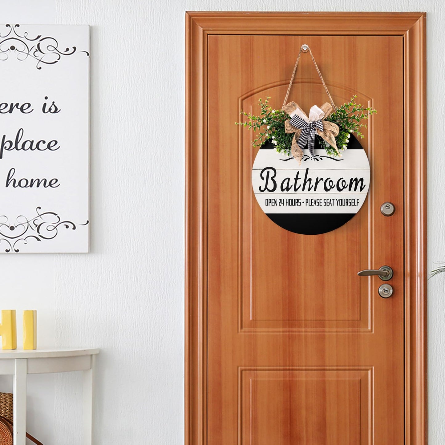 Bathroom Front Door Sign Funny Wreaths Hanging Wooden Plaque Decoration Round Rustic Farmhouse Wall Art Decor for Home Porch Bathroom 12x12 Inch