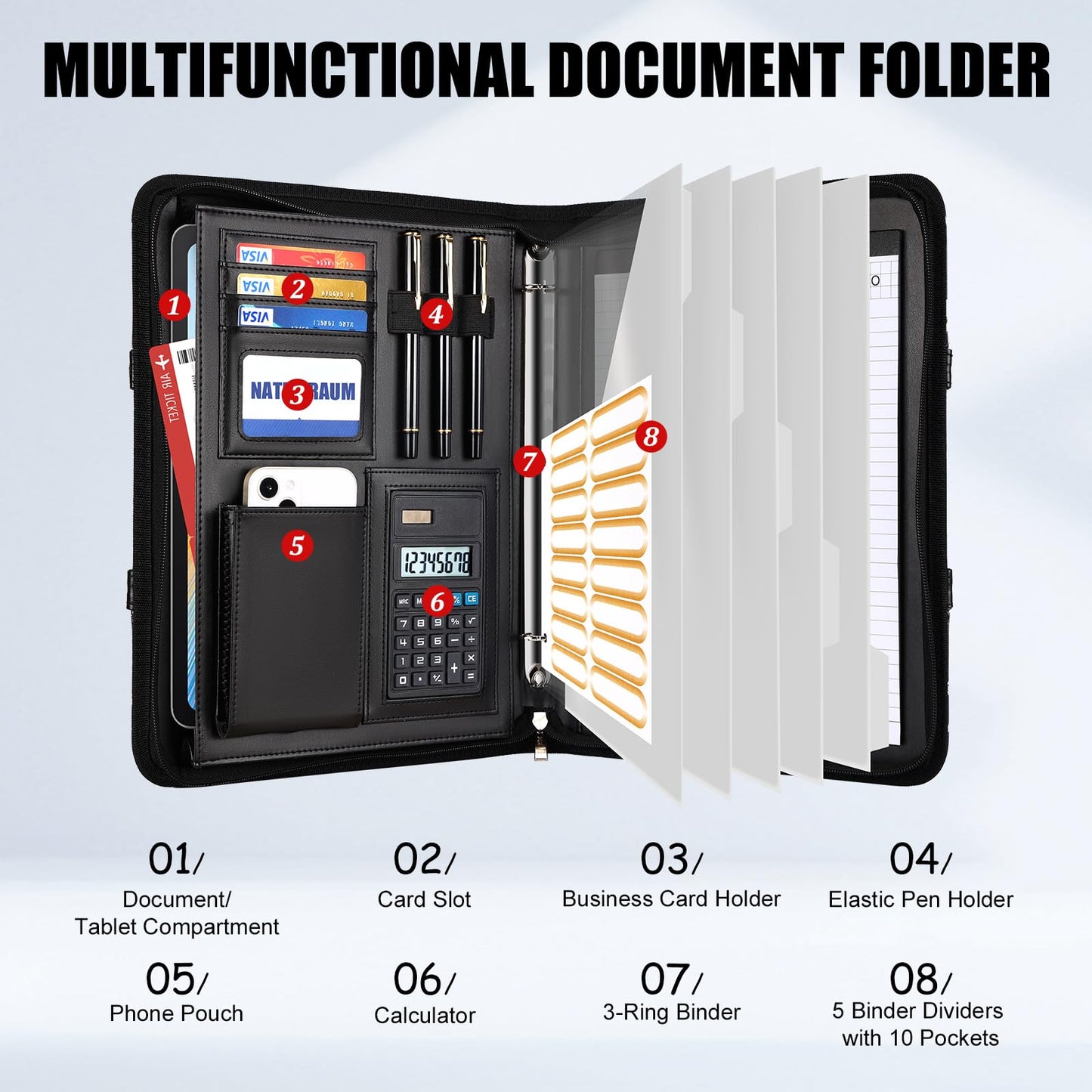 NATISERAUM Portfolio Binder 3 Ring Includes Pen and 5 Dividers with 10 Pockets, Padfolio Organizer with Magnetic Handle for Men and Women, Includes A4 Notepad for Business, School, Work
