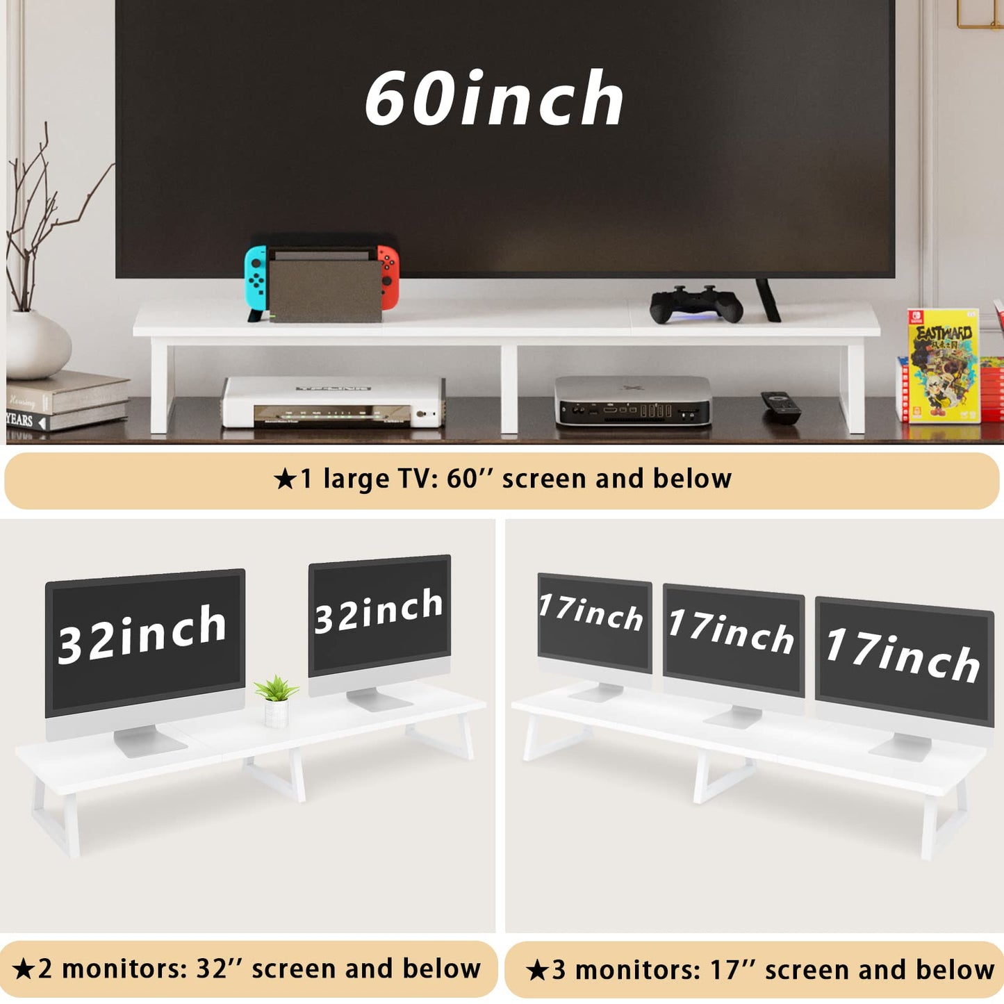 TEAMIX White Dual Monitor Riser for 2 Monitors-42inch, Wood Desktop Dual Stand with Metal Legs, Long Screen/PC/Laptop Storage,Computer Shelf TV Holder Home Office