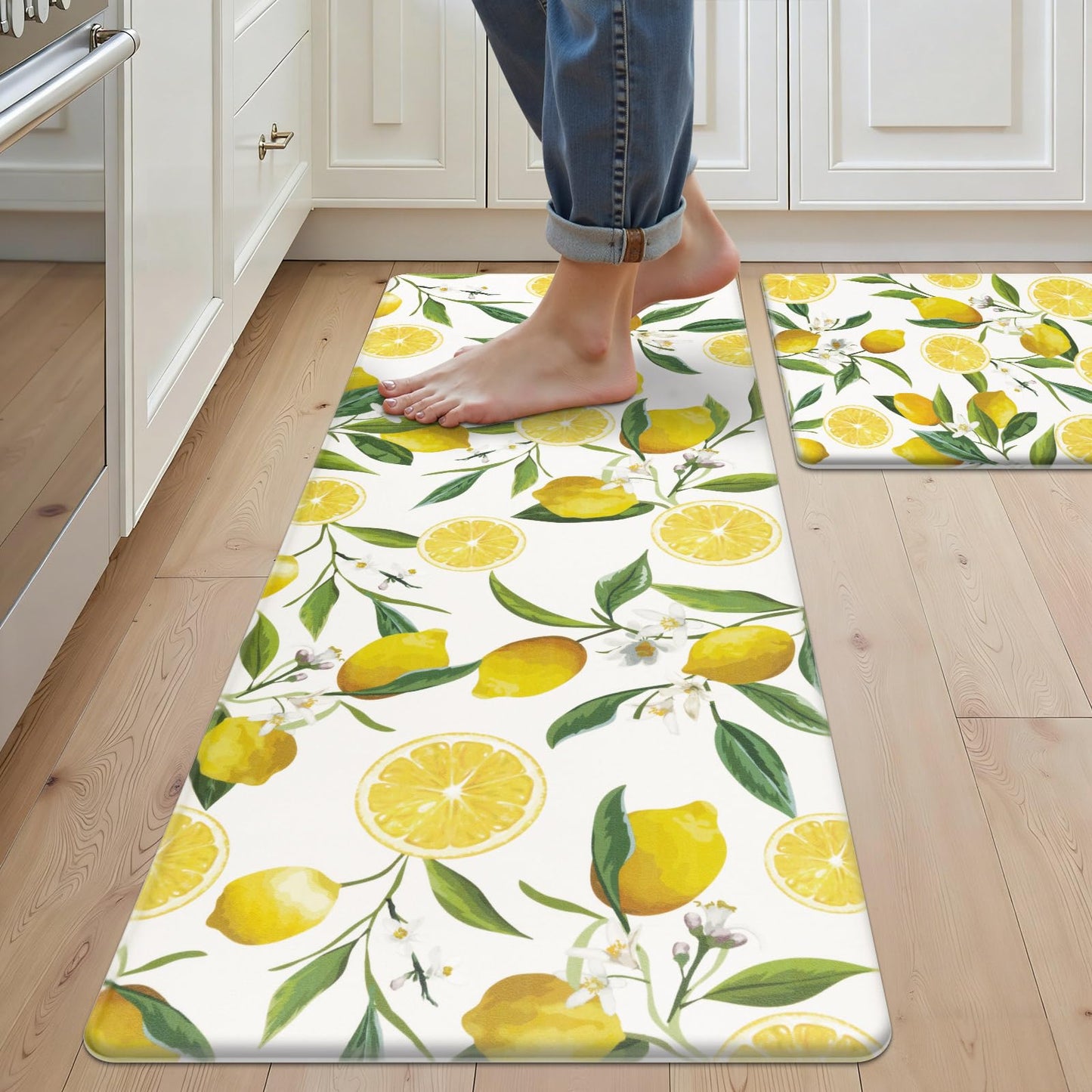 SHACOS Anti Fatigue Lemon Kitchen Rugs Mats Set of 2 Pieces Non Slip Soft Cushioned Wipeable Kitchen Mats for Floor Standing Mats, 17"x27.5"+17"x47", White