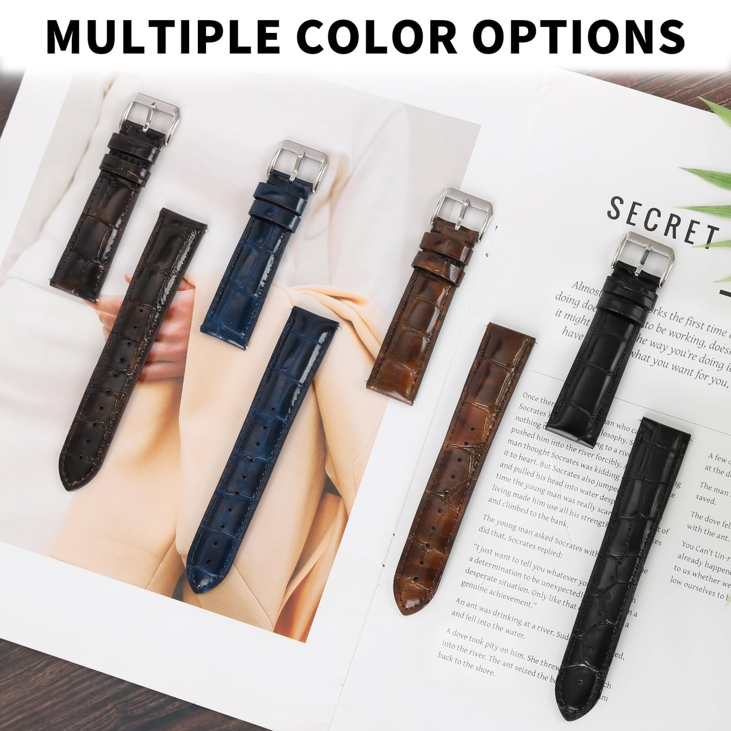 Vellsar XL Genuine Leather Watch Band 21mm Watch Straps for Large Wrist - Extra Long Adjustable Replacement Straps, Alligator Grain Embossed Watchband (Black)