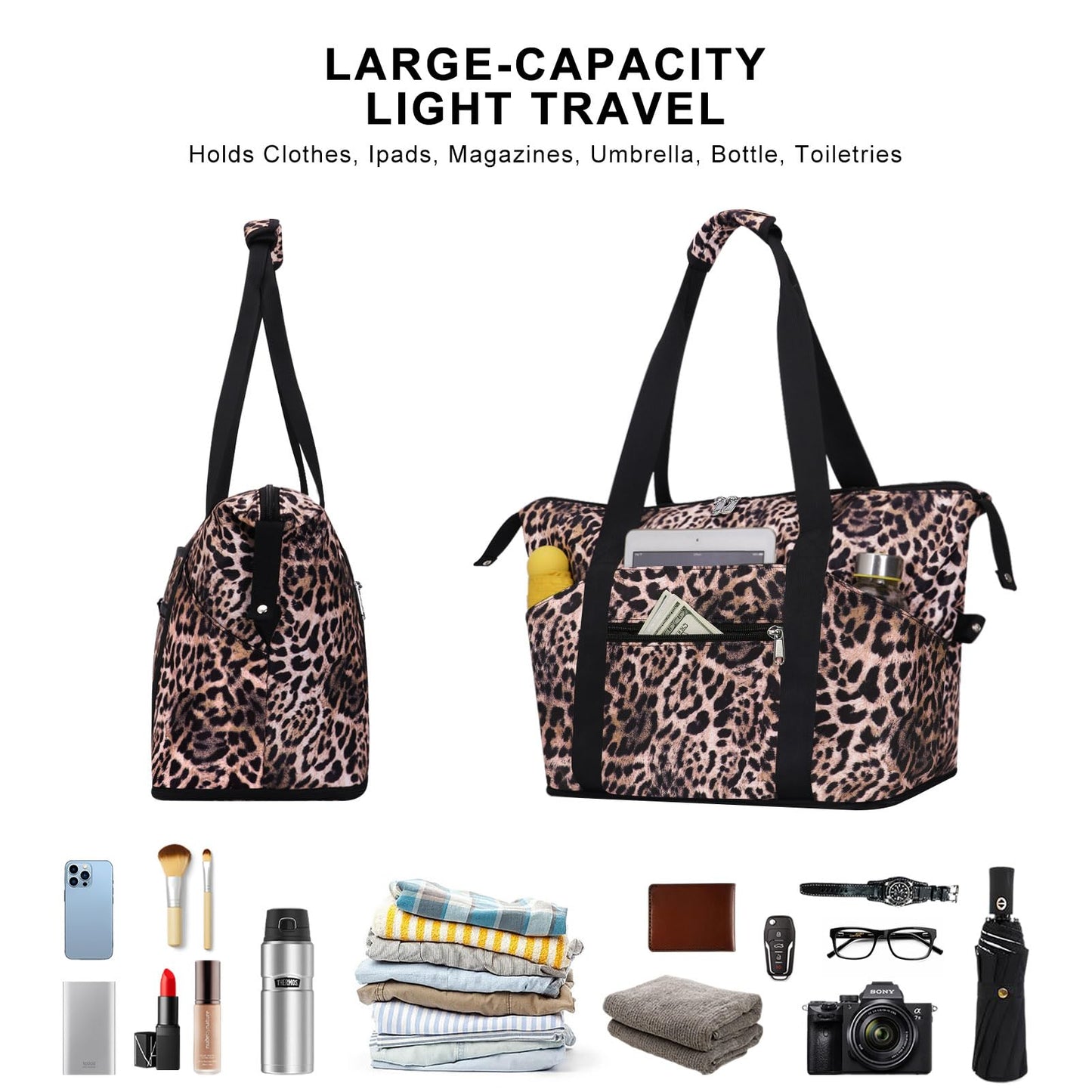 HAWEE Expandable Duffel Bag for Women with Trolley Sleeve and Wet Pocket Water Repellent Weekender Travel Tote Large Capacity Carry On Overnight Luggage, Leopard