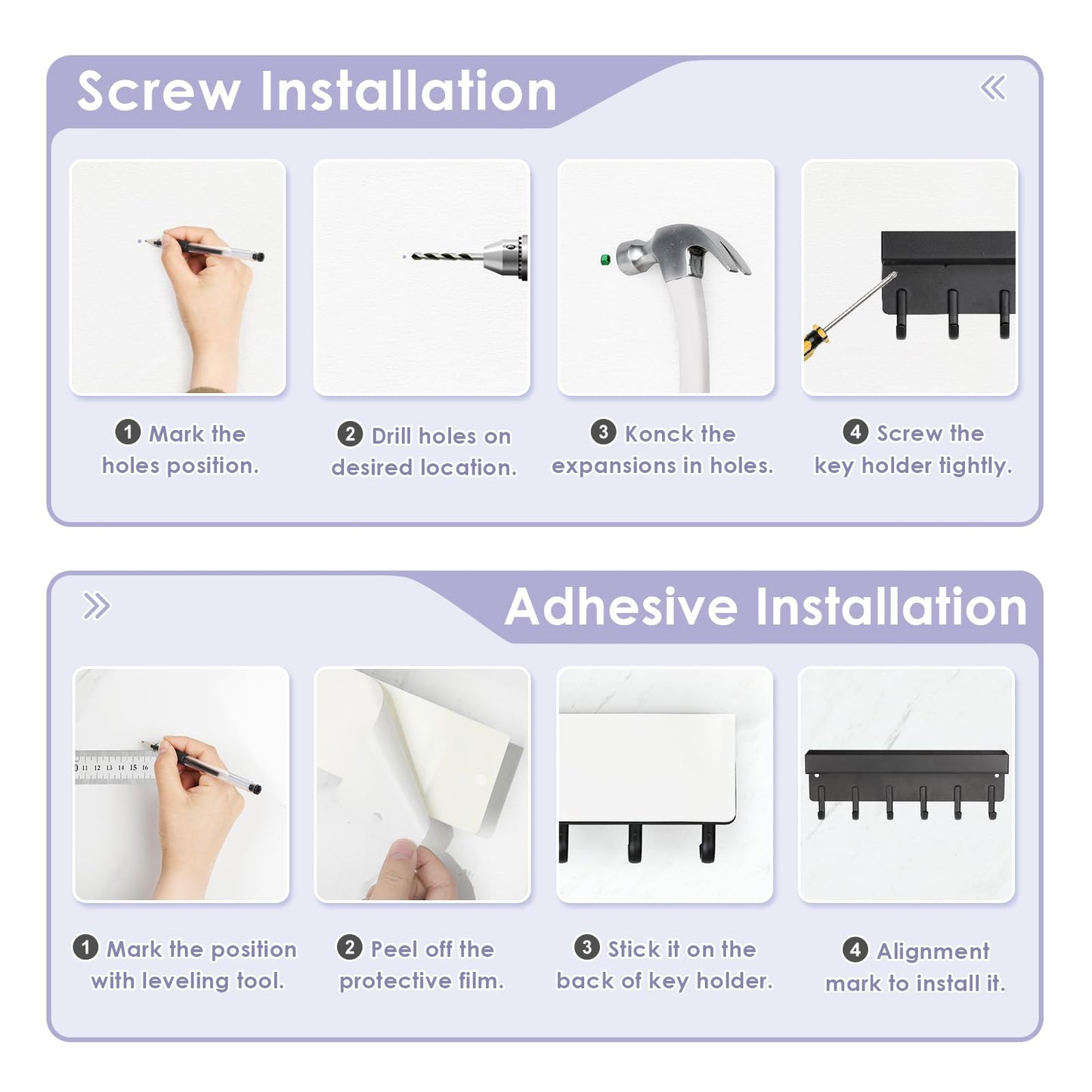 VIS'V Key Holder Wall Mount, Compact Adhesive Key Rack with Tray, 6 Hooks, 2 Mount Options, Black