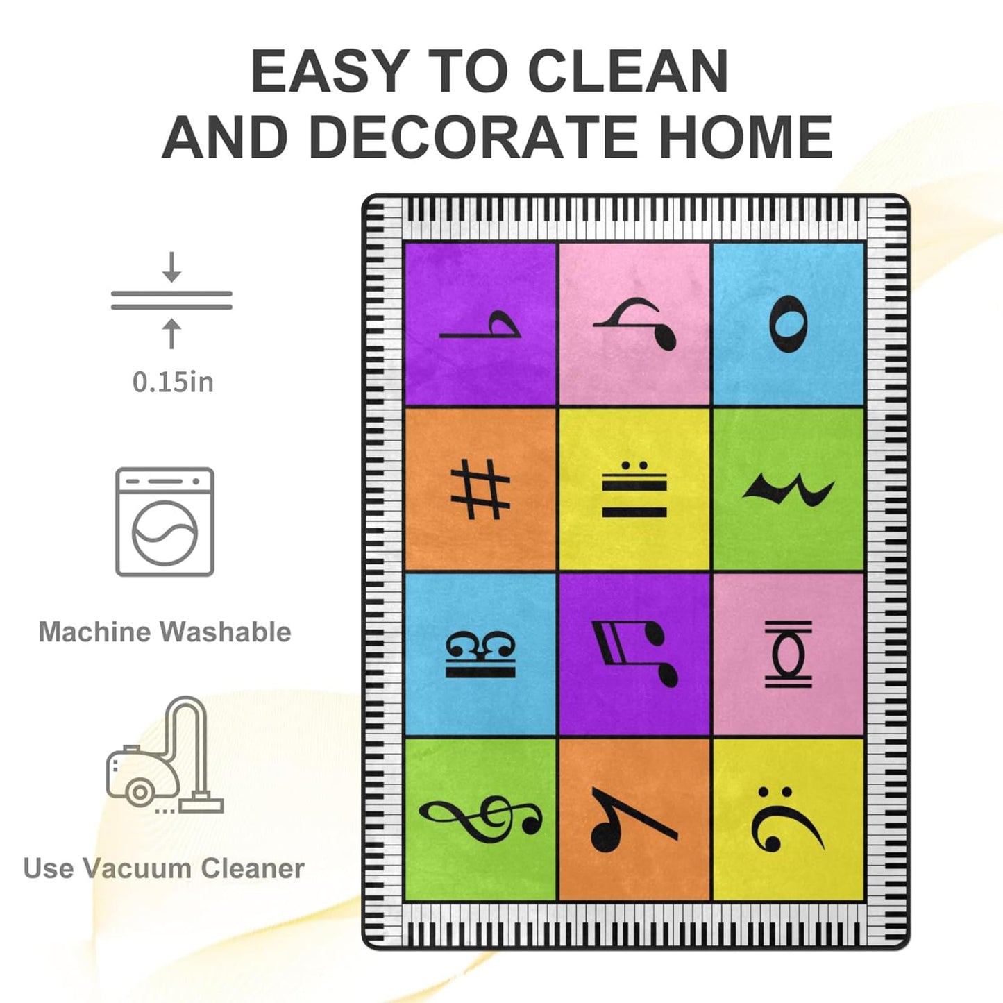 ALALAL Colorful Music Note Rug, Classroom Seating Rug with 12 Seats - 5x7 Ft Kids Playmat Rugs with Rubber Backing, Educational Carpet for Preschool Bedrooms Game Room Music Studio