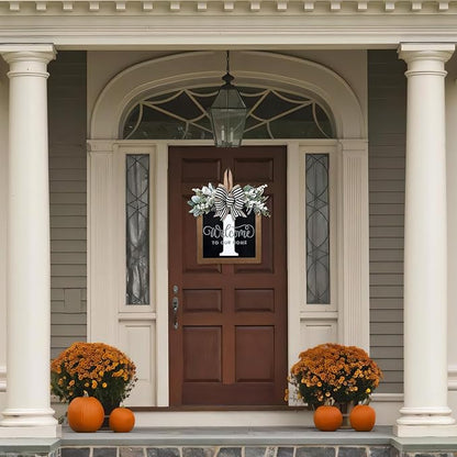 Ultra Large 14'' Last Name All Year Round Front Door Wreath with 26 Initial Letter Welcome Sign All Seasons Eucalyptus Garland and Bow Wreaths for Front Door Porch Farmhouse Decoration (I)