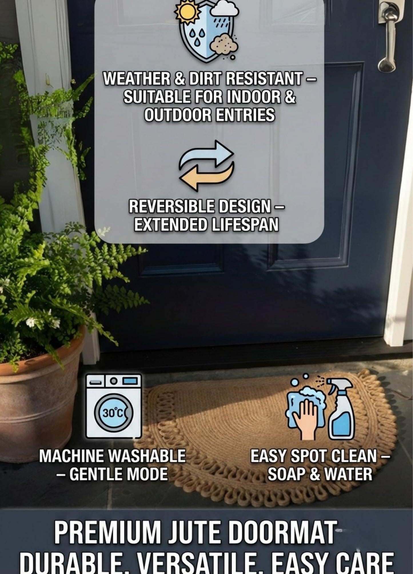 Jute Semi Circle Doormat – Half Moon Braided Front Door Mat, Non Shedding & Washable, Non Slip Backing, Waterproof Indoor Outdoor Entryway Rug for Porch, RV, Camper & Boat