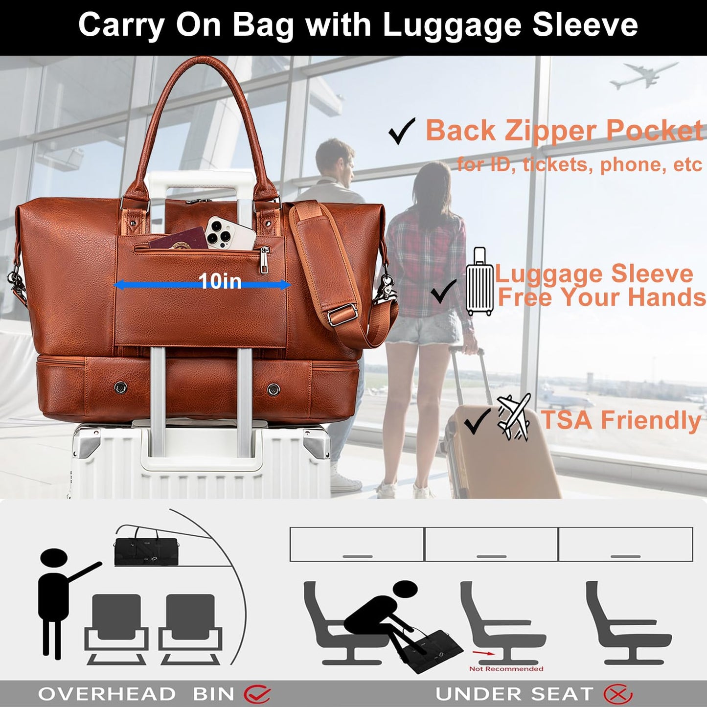 weiatas Faux Leather Travel Duffel Bag for Women Men, Large Weekender Overnight Bag with Shoes Compartment, Waterproof Carry On Bag Travel Tote Bag Gym Bag with Luggage Strap (Brown)
