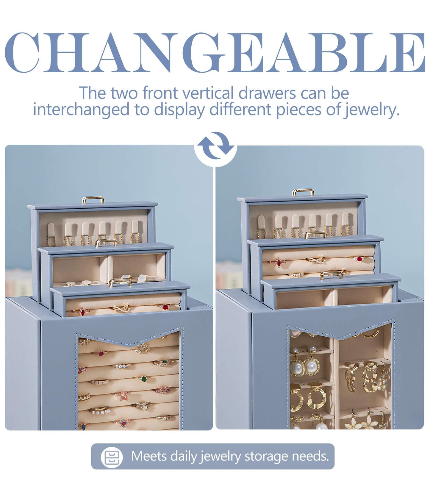 Homde Jewelry Organizer with Transparent Window Necklace Hooks Gift for Women Jewelry Box Display Case for Necklaces Rings Earrings Bracelets and Other Accessories (Grey Blue)