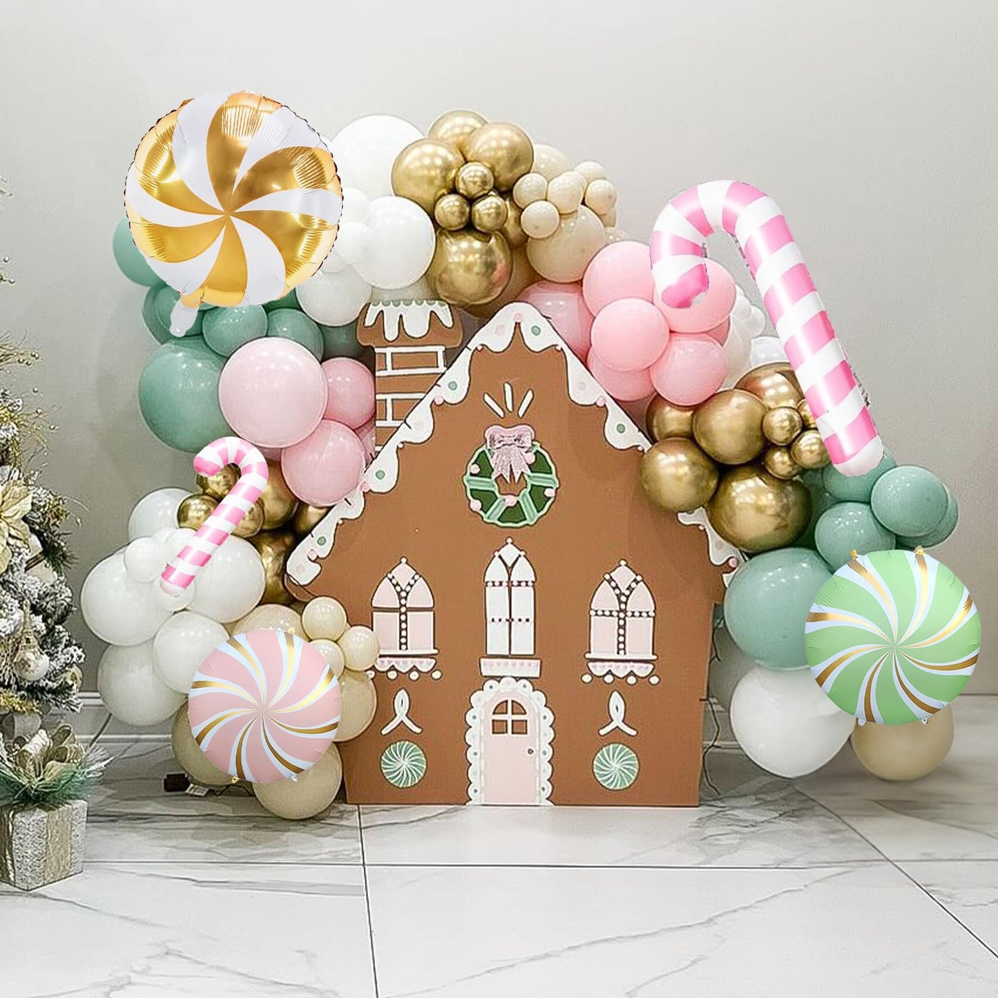 Christmas Balloons Garland Arch Kit, 125pcs Pastel Pink Green Balloon with Candy Cane Peppermint Foil Balloon for Christmas Theme New Year Xmas Holiday Birthday Party Decorations