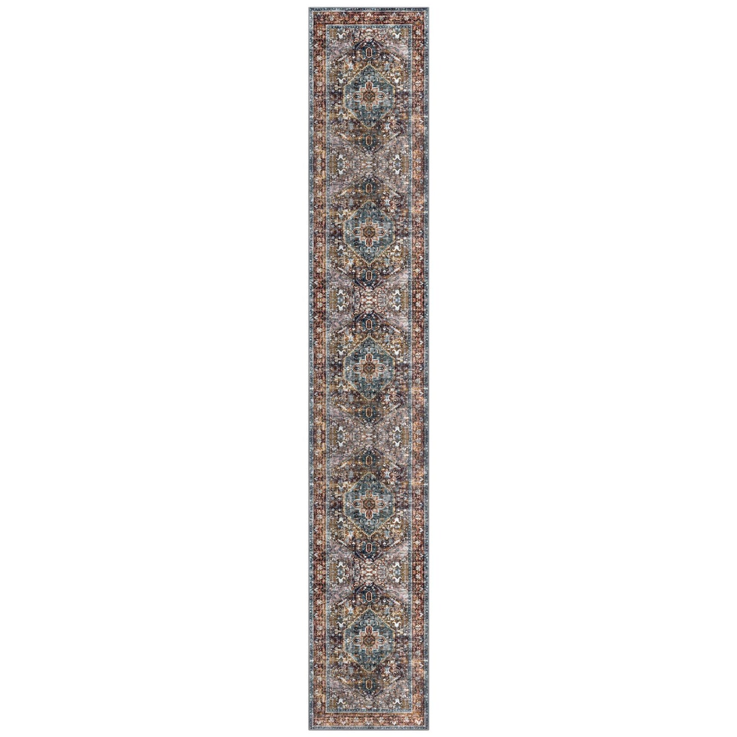 KOZYFLY Area Rug 3x14 Ft Washable Boho Runner Rug for Entryway Hallway Indoor Printed Faux Wool Carpet for Kitchen Bedroom Hall, Brick Red/Orange/Green