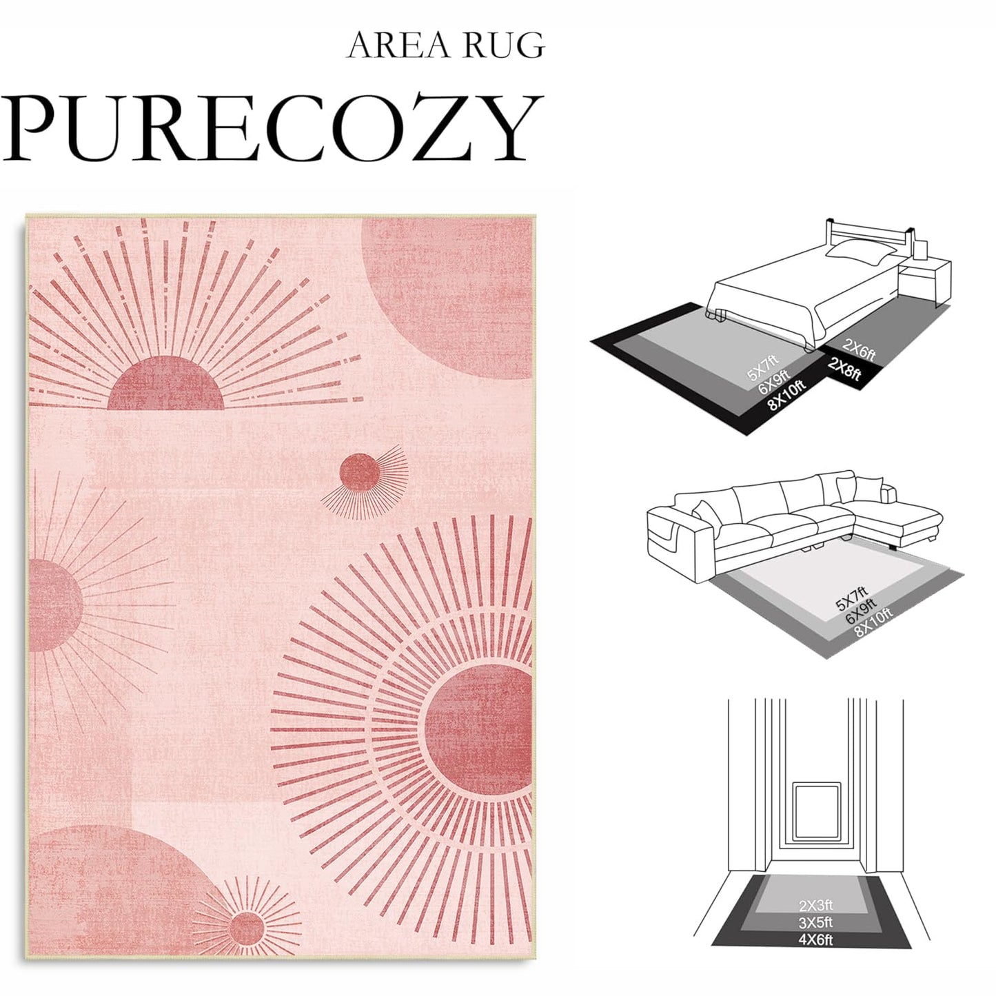 Sun Runner Rug 2x6 for Hallway Kitchen Bedroom,Mid Century Modern Runner Rugs Washable Boho Geometric Rug Non-Slip Printed Low Pile Long Floor Carpet Mat for Bedroom Laundry,Pink