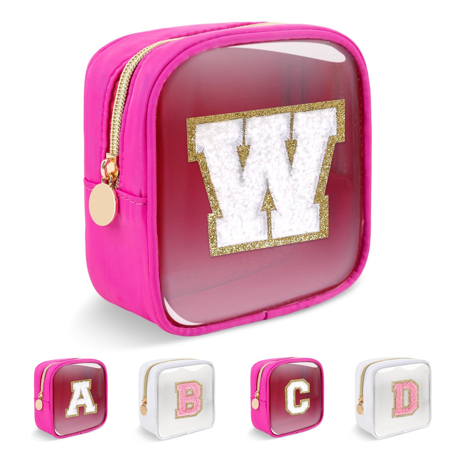 Personalized Initial Letter Clear Preppy Makeup Bag,Mini Nylon Chenille Letter Cosmetic Bag Cute Zipper Pouch Coin Purse for Teen Girls,Portable TSA Approved Travel Essentials Bag Gift for Women,W